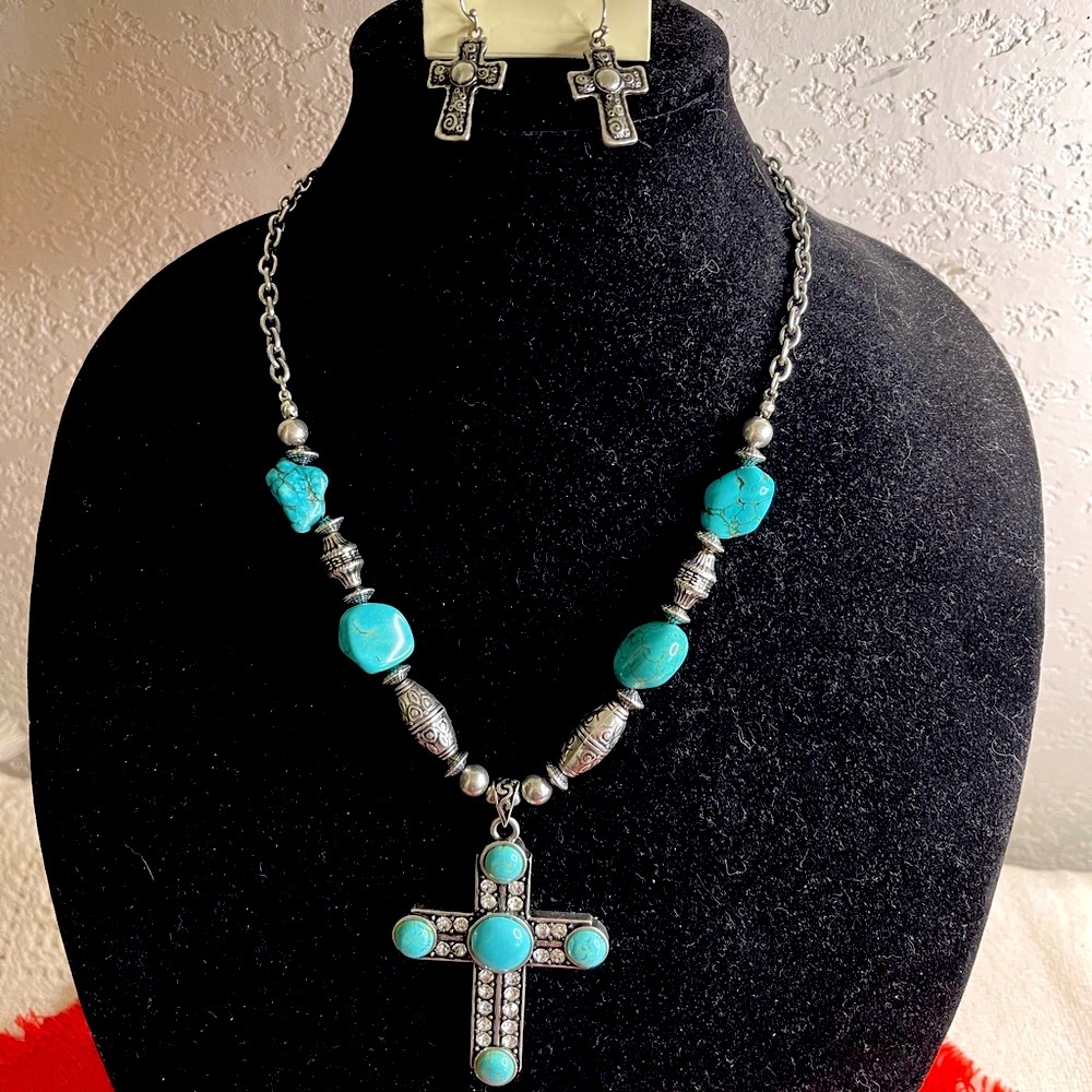 Dfl VIMCI Turquoise, Silver Tone, C.Z. Diamonds Cross Necklace, Earring Set - Picture 1 of 16